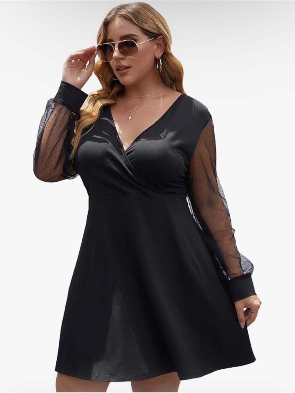 Plus Size Black V-Neck A-Line Dress with Sheer Dot Sleeves